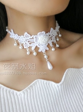 欧式婚礼串珠花朵白色蕾丝项链