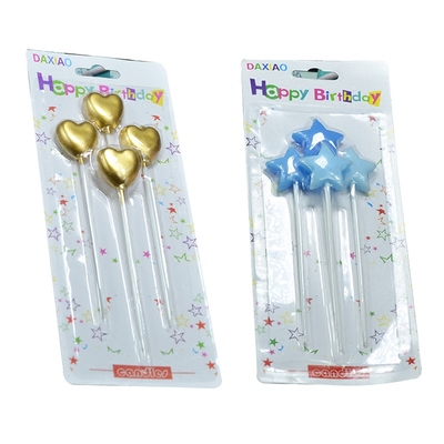纯色五角星爱心款生日派对蜡烛 创意情景蛋糕装饰塑料长杆蜡烛4只