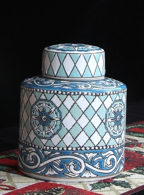 蓝色花瓶博古架储物罐地中海