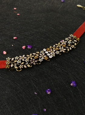 树叶水钻复古做旧夸张红色颈链