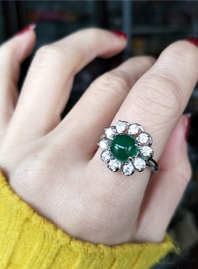 轻奢高级感个性潮夸张宝石玉髓925纯银镶钻绿色玛瑙食指戒指环女