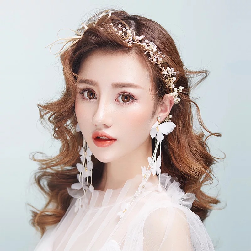 新娘韩式超仙串珠耳环耳夹花朵甜美蝴蝶结婚头花森系流苏配饰长款 新娘韩式超仙串珠耳环耳夹花朵甜美蝴蝶结婚头花森系流苏配饰长款