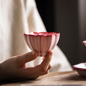 猪油冻红胎汝窑花朵茶杯品茗杯主人杯花瓣杯盏个人粉色佳人莲花杯