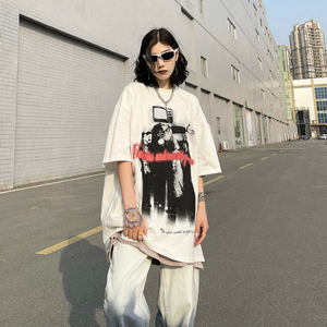 美式复古街头印花短袖T恤女2022新款ins潮牌国潮hiphop炸街上衣潮