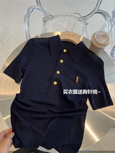 “送胸针”高级藏青蓝纱线针织+金色纽扣Polo显瘦上衣短袖T恤
