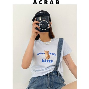 Acrab女装夏季新款 美式复古可爱猫咪辣妹短款纯棉短袖T