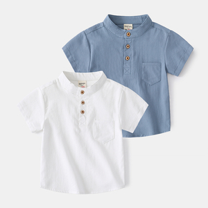 男童夏季短袖衬衣2022新款儿童V领宝宝纯色衬衫韩版宽松透气上衣