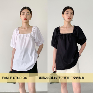 FANLE STUDIOS夏季(JIN口)抗皱棉法式方领宽松显瘦泡泡袖短袖上衣