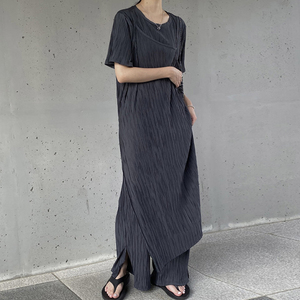 韩国chic小众设计感假两件纹理开叉连衣裙+高腰宽松休闲阔腿长裤
