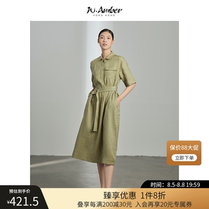 W.Amber全亚麻工装风连衣裙女2022夏季新款收腰系带衬衫领中长裙