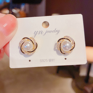 韩国气质法式优雅微镶锆石缠绕珍珠耳钉女精致小巧百搭s925银针女