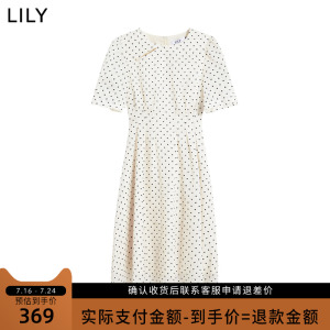 LILY2022秋新款女装时尚复古波点气质纯色俏皮短袖显瘦高腰连衣裙