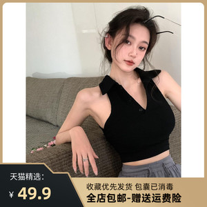 挂脖吊带背心女2022夏季新款上衣设计感小众短款露背高腰无袖t恤