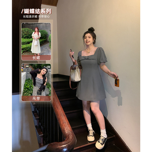 【现货】李潇洒胖mm法式方领蝴蝶结连衣裙女夏季大码气质显瘦裙子