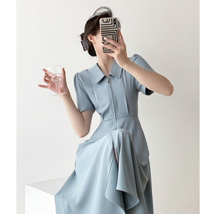 印思法式蓝色赫本风短袖衬衫连衣裙夏季高级感别致显瘦气质茶歇裙