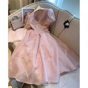 高级感粉色欧根纱连衣裙女夏气质洋气减龄法式裙子仙女超仙森系