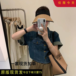 牛仔外套衬衫女短袖22夏韩版时尚复古港风翻领短款设计感小众上衣