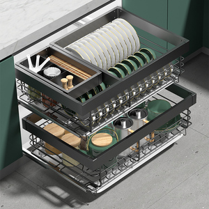 拉篮厨房橱柜304不锈钢双层碗篮抽屉式收纳碗柜调味内置物架