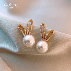 可爱小兔子珍珠耳钉2022年新款潮小众设计感时尚耳环女纯银针耳饰