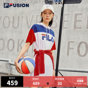 FILA FUSION斐乐潮牌女子连衣裙2022秋季新款撞色连帽运动休闲裙