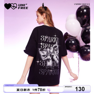 UNIFREE3M反光蝴蝶结印花短袖t恤女纯棉宽松oversize甜酷半袖上衣