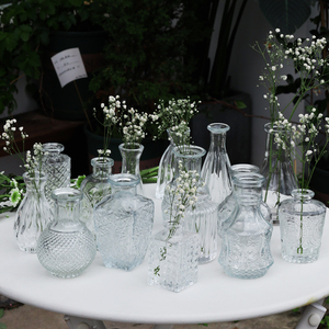 法式复古浮雕小花瓶摆件客厅插花瓶ins风干花透明玻璃花瓶高级感