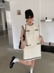 DTU夏季新款2022韩版薄款冰丝设计感无袖条纹撞色中长款连衣裙女