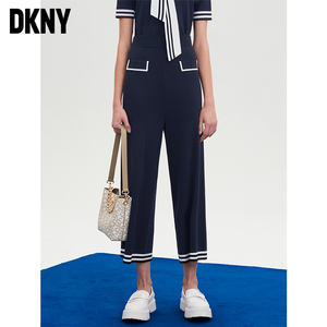 DKNY/唐可娜儿2022夏季新款宽松弹力阔腿撞色条纹九分女式休闲裤