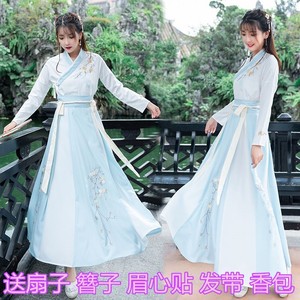 中国风改良传统日常汉服套装女夏古装绣花交领齐腰襦裙学生演出服