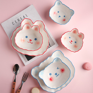 舍里可爱小兔子陶瓷儿童饭碗创意餐盘动物卡通餐具菜盘子网红碗盘