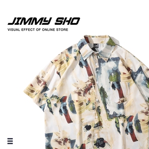 jimmy sho 欧美复古油画印花短袖衬衫男女潮街头宽松慵懒风花衬衣