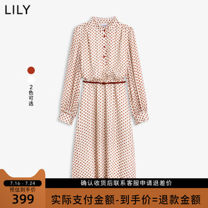 LILY2022秋新款女装复古波点泡泡袖高腰长裙通勤长袖雪纺连衣裙