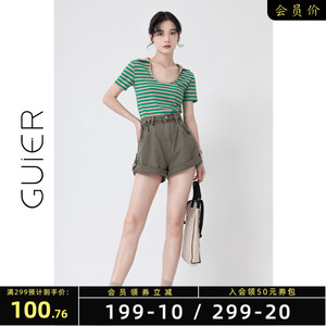 「GUIER」翻边牛仔短裤女2022年新款夏季设计感小众宽松阔腿裤子