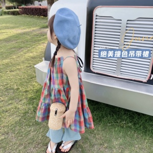 AnnieGIrl女童小众款夏季出街时髦撞色格纹吊带连衣裙阔腿裤套装