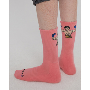 ADER大力士雪山卡通图案粉色袜子韩国潮流简约运动纯棉中筒袜男女