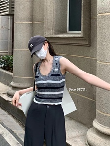 6eco 刘一口 cool girl 调性十足 磨破条纹冰麻无袖背心修身显瘦