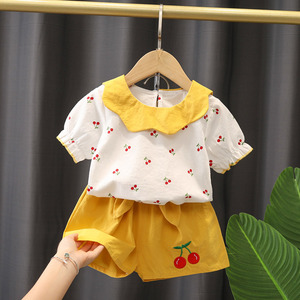 女宝宝夏季两件套1-4岁洋气女童装新款娃娃领樱桃夏装
