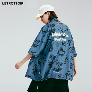 LETROTTOIR幽灵小熊满印花国潮嘻哈夏季男短袖衬衣外套夏威夷衬衫