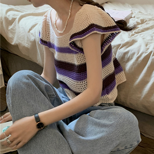 温柔风复古气质短袖圆领飞飞袖短款镂空薄款紫色条纹针织衫上衣女
