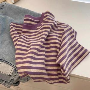 特大码300斤紫色条纹短袖女夏季新款正肩t恤设计感小众别致上衣潮