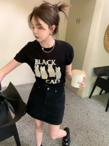 YUYEE_Black Cat~ 浅浅甜酷风猫咪针织短袖t恤女夏季宽松短款上衣