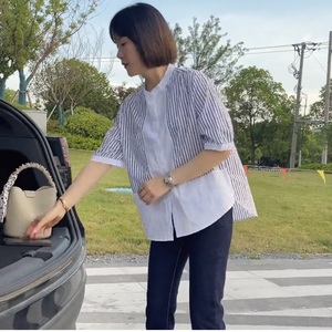 夏季新款条纹衬衫女韩版宽松显瘦气质五分袖小清新纯棉圆领衬衣