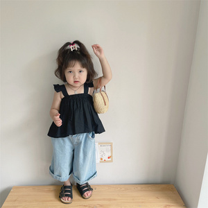 小苹果2022夏韩版女童宝宝可爱无袖娃娃衫儿童花边领上衣吊带背心