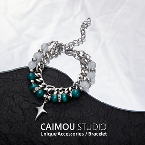 CAIMOU 原创设计欧美猫眼石双层手链男女ins潮钛钢十字星国潮手饰
