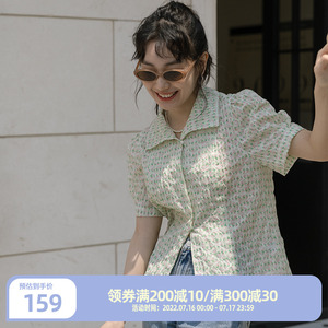 omont蛋挞家 复古盐缩肌理小花短袖衬衫2022女夏新款泡泡袖衬衣