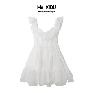 Ms XIDU 原创月光迷你裙超仙超乖蓬蓬连衣裙半透明荷叶边大摆裙夏