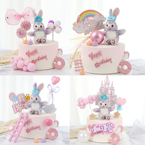 少女心小兔子蛋糕装饰摆件毛绒兔子宝宝周岁生日派对甜品台插件