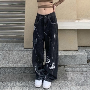 美式牛仔裤女夏季新款高街欧美hiphop宽松贴布绣涂鸦印花阔腿裤子