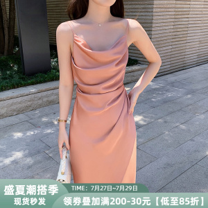 岛歌夫人法式缎面荡领吊带裙连衣裙女夏季修身小众设计感外穿性感