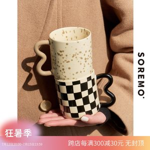 SOREMO 专利泼墨奶油马克杯陶瓷手工韩式棋盘格咖啡杯ins杯子礼物